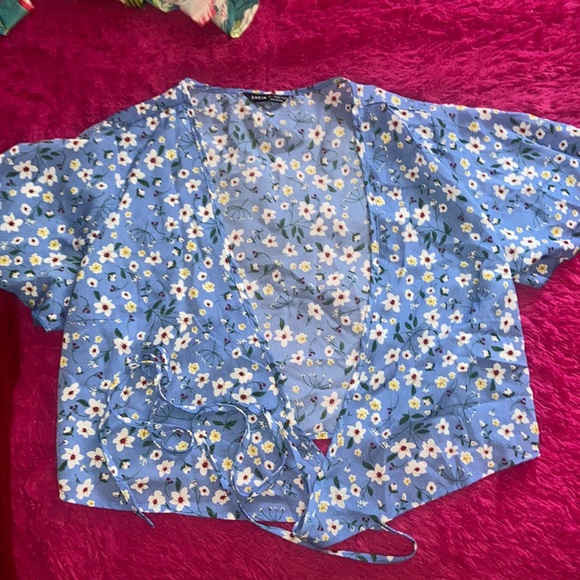 Floral Tie Belt Surplice Blouse